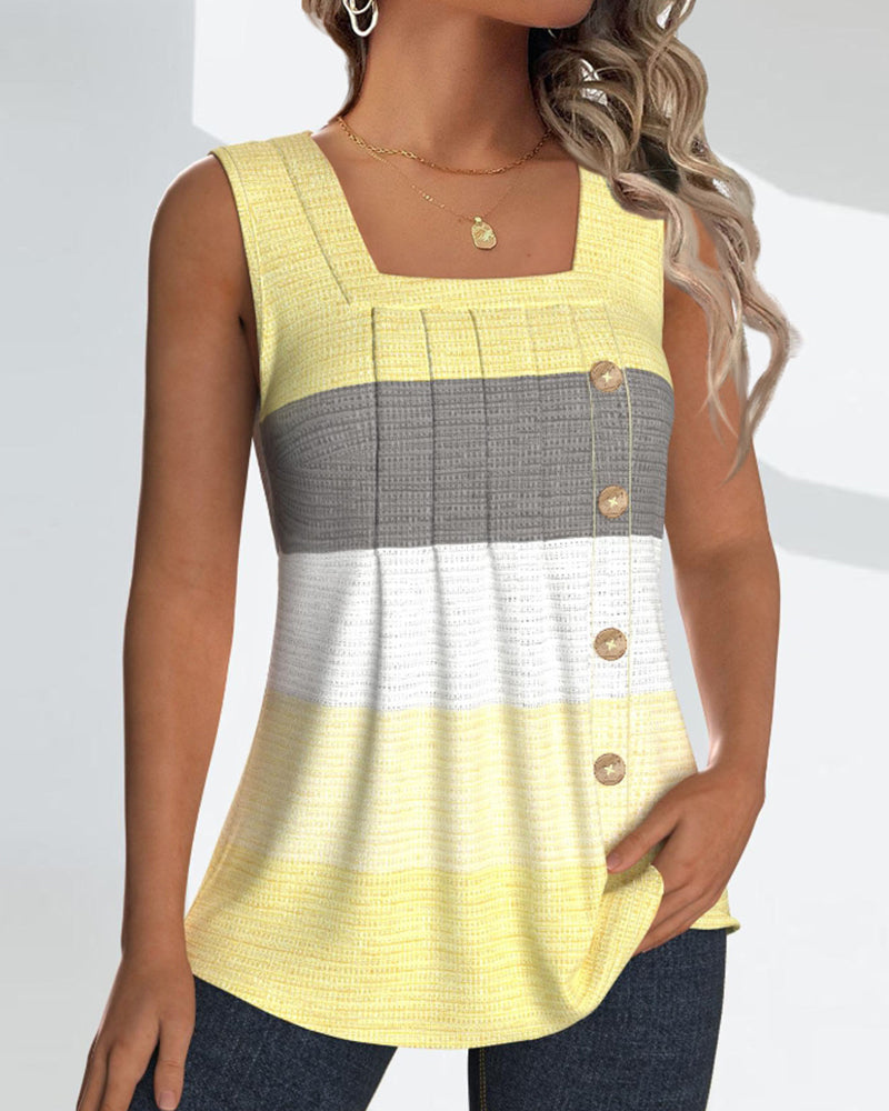 Striped Square Neck Shirred Button Sleeveless Vest Top