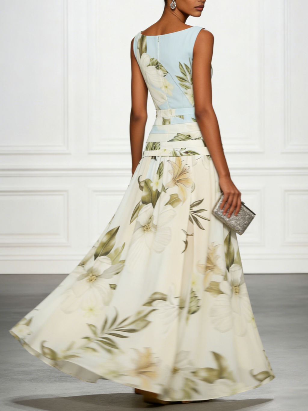 Women's Floral Boat Neck Sleeveless Maxi Dress in light blue full length - Elegant Wedding Guest Maxi Dress