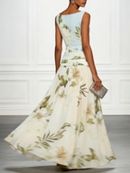 Women's Floral Boat Neck Sleeveless Maxi Dress in light blue full length - Elegant Wedding Guest Maxi Dress