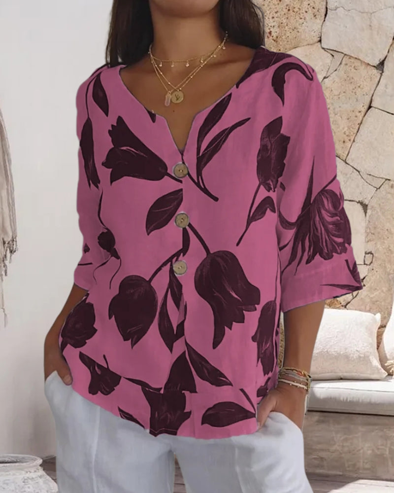 Floral Print Three Quarter Sleeve Cotton Linen Blouse