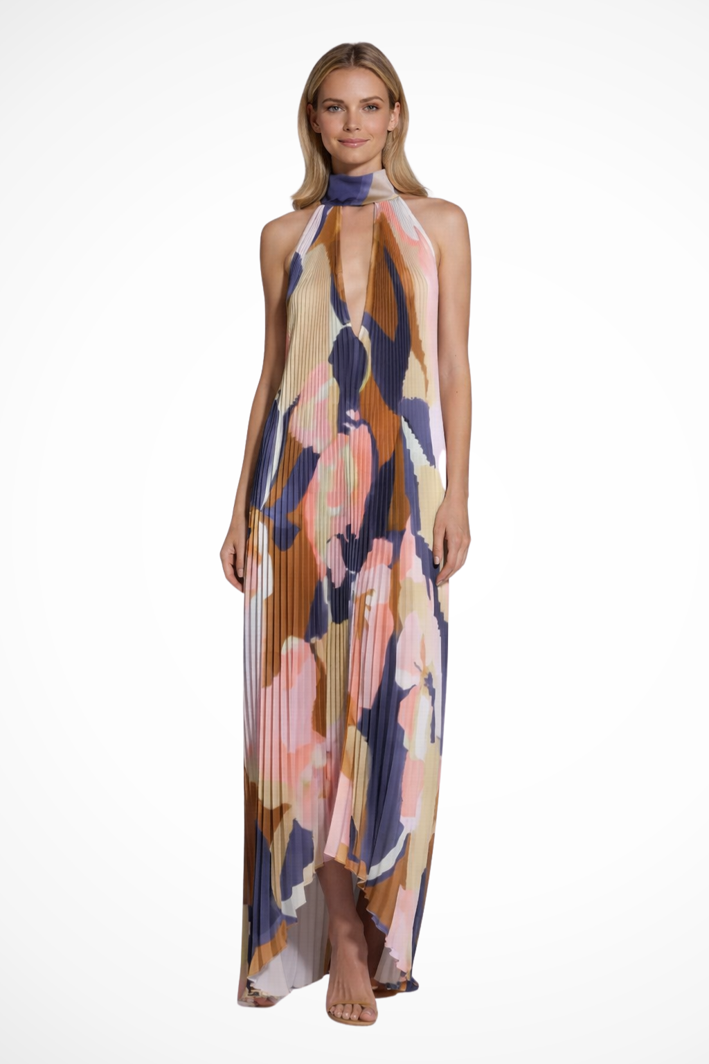 Women's printed pleated halter neck wedding guest maxi dress, detail shot