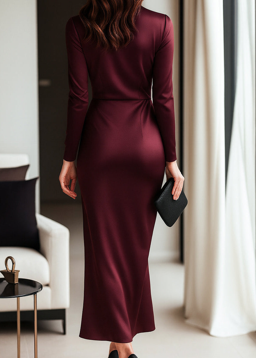 Women's long sleeve satin wrap dress, full length view