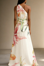 Women's floral satin one shoulder maxi dress in pink – back view