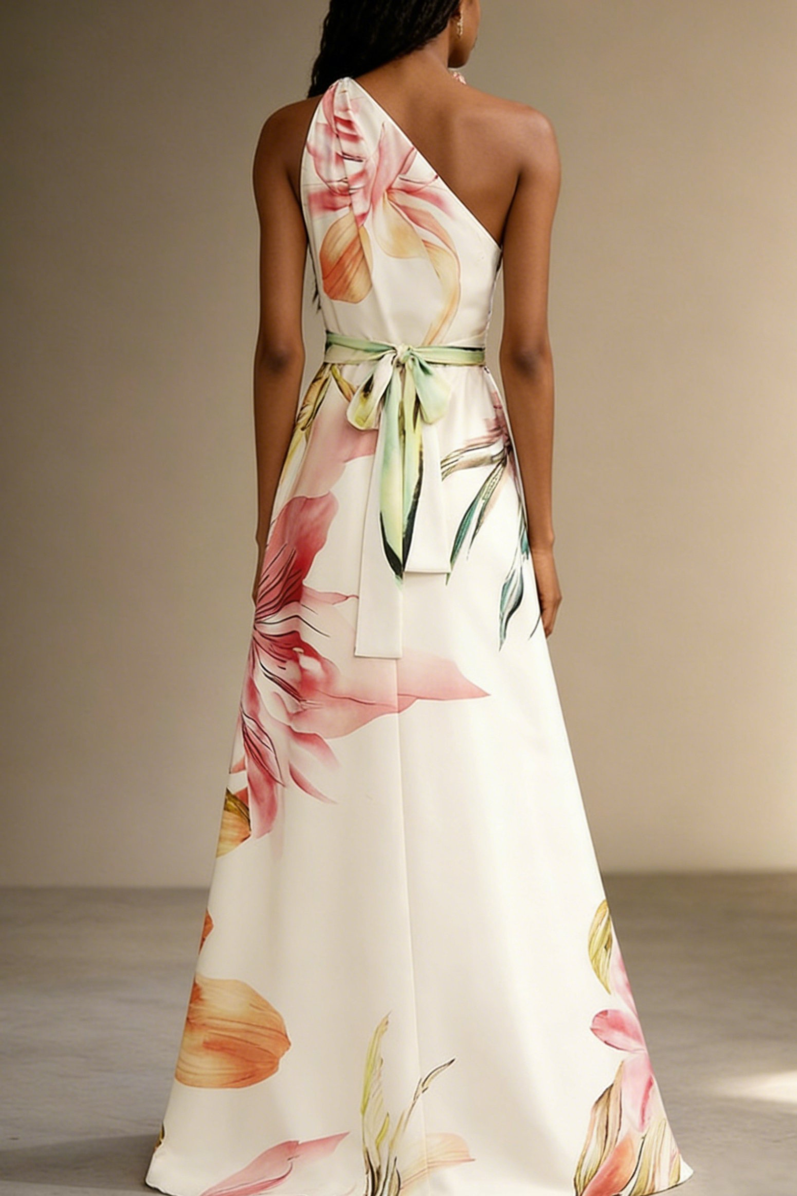 Women's floral satin one shoulder maxi dress in pink – back view