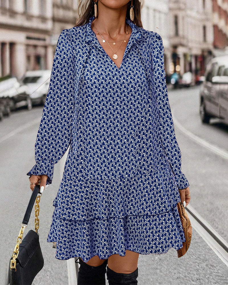 Print Long Sleeve A-Line Dress Detail | Alba Muse