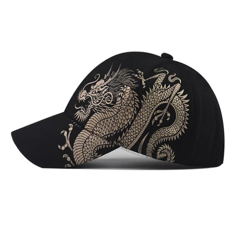 Black Year of the Dragon Cap, side view showing dragon design across crown and brim