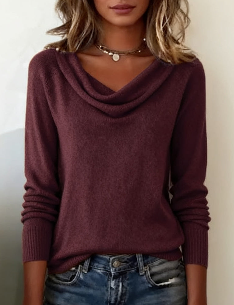 Long Sleeve Cowl Pile Collar Solid Colour Jumper