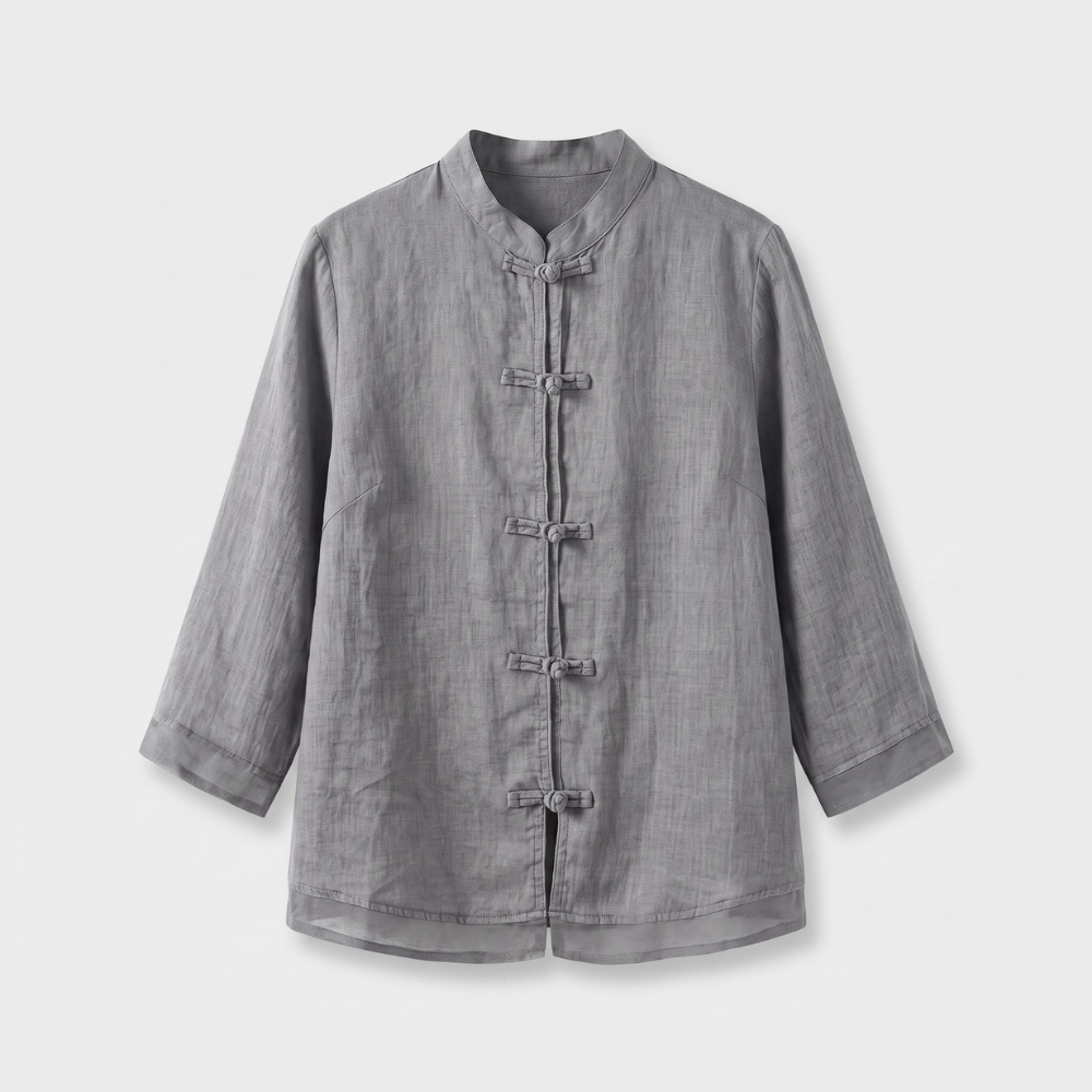 Mandarin Collar Frog Button Linen Blouse