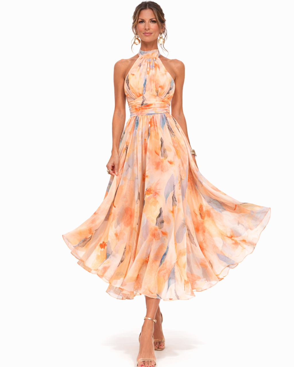Halter neck midi dress with watercolour print side view