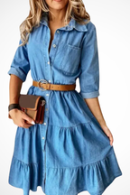 Women's casual midi shirt dress with tiered skirt and button front, side view