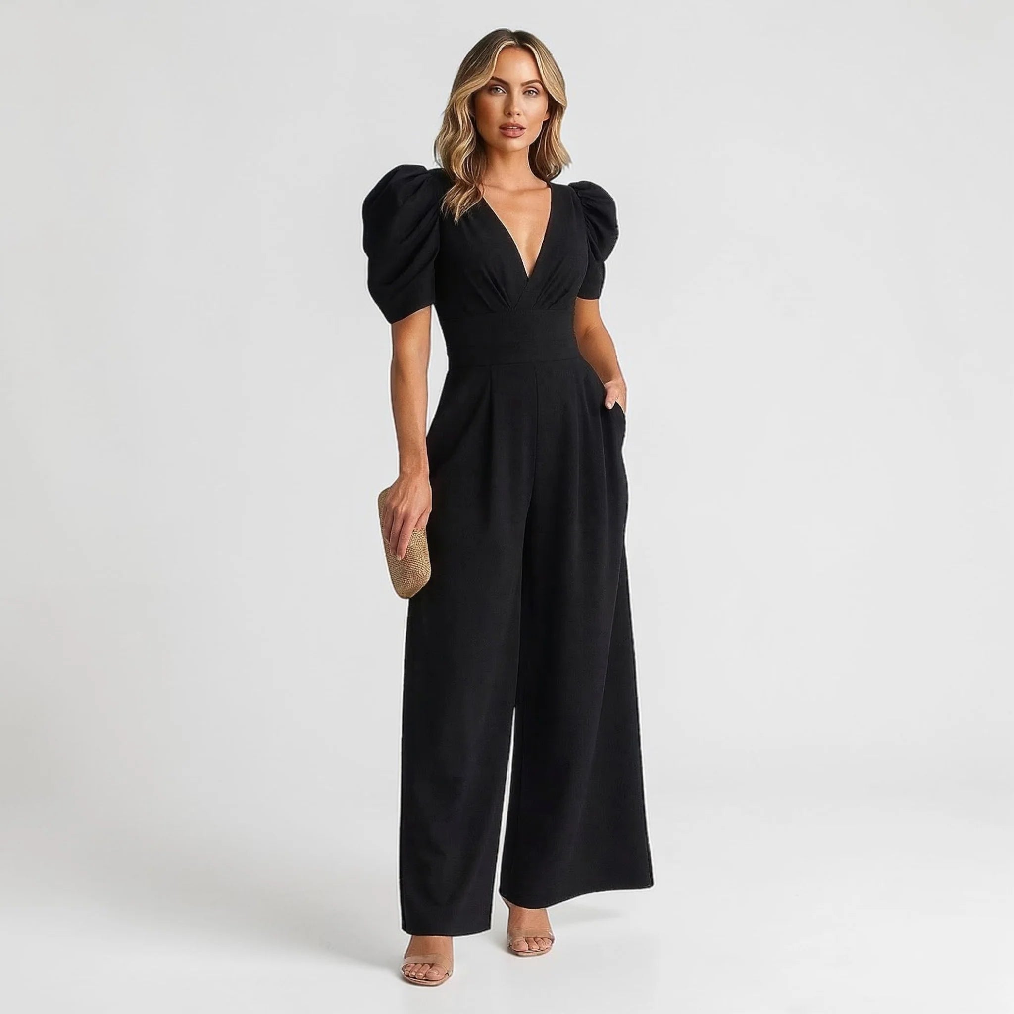 Women's black wide leg jumpsuit with puff sleeves – elegant tailored fit