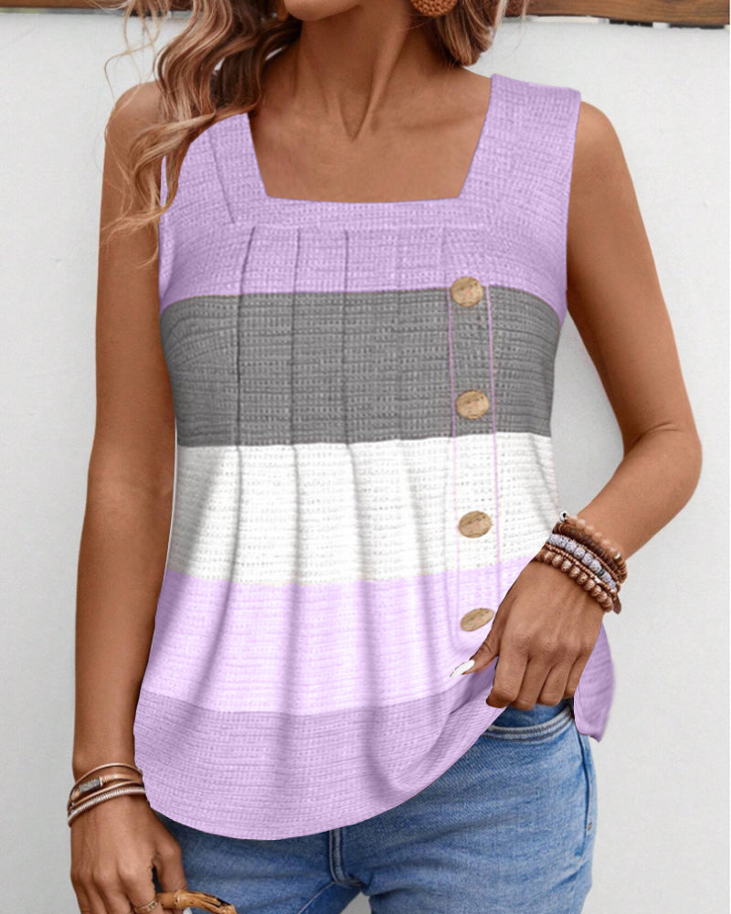 Striped Square Neck Shirred Button Sleeveless Vest Top