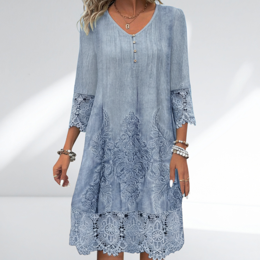 Lace trim embroidered boho dress in Blue, front view