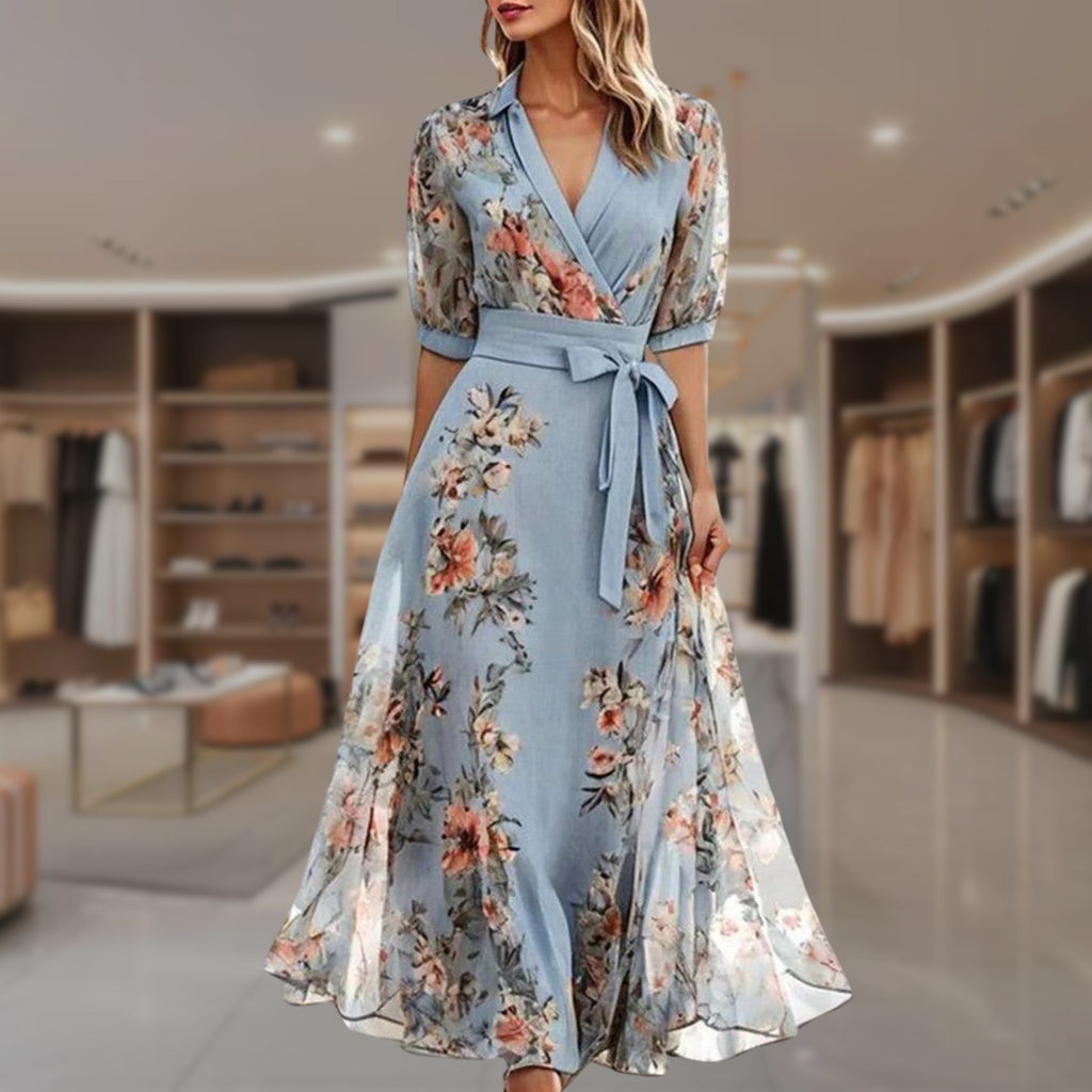 Women's floral wedding guest maxi dress with lightweight flowing fabric, detail view