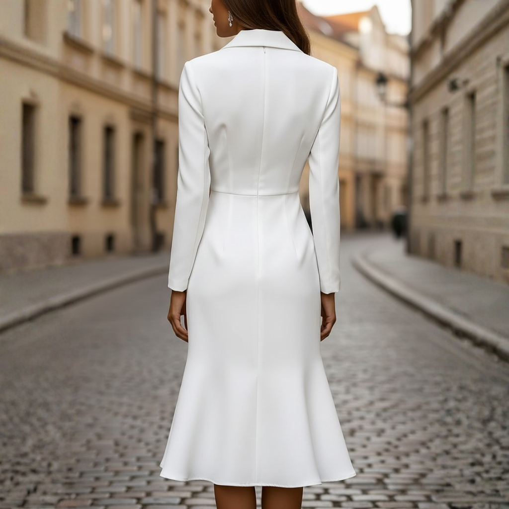 Women's structured white dress with high collar, side profile view
