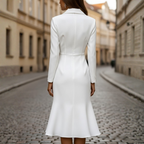 Women's structured white dress with high collar, side profile view