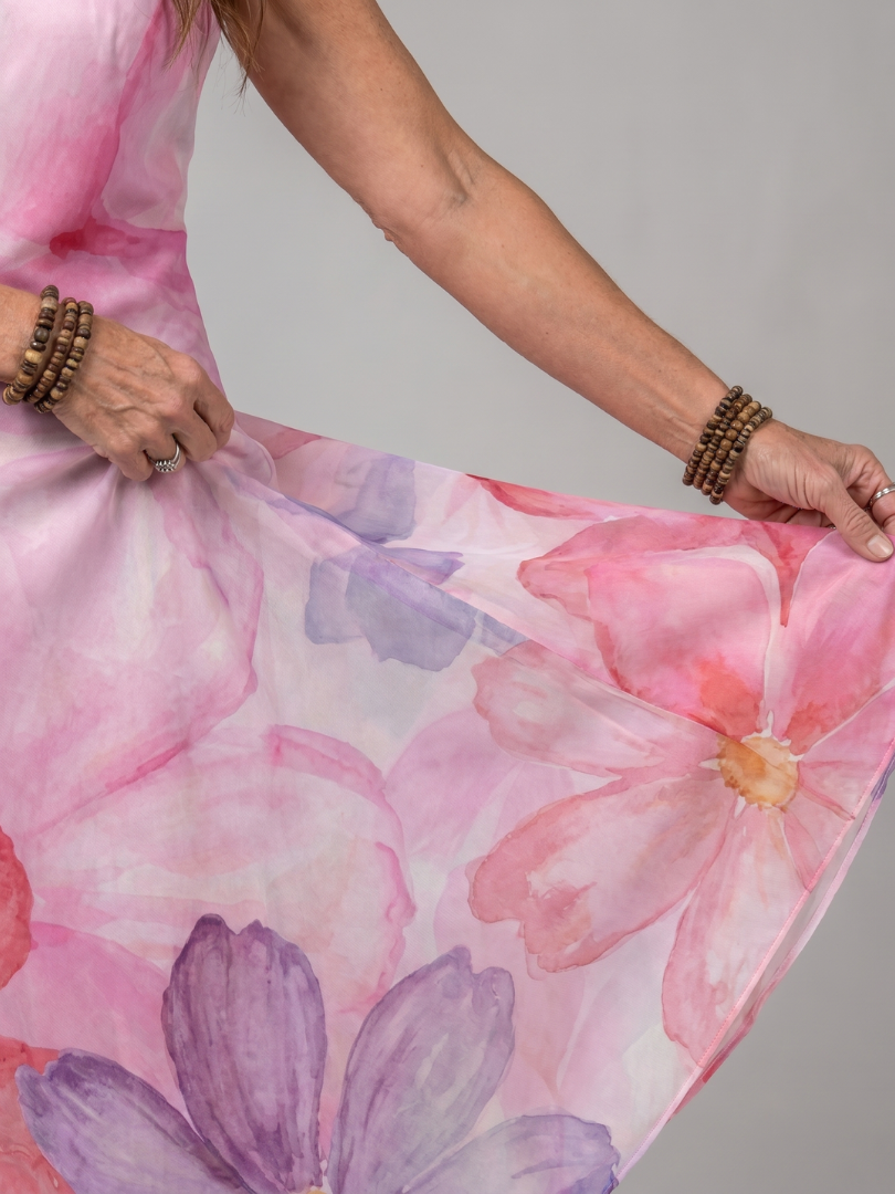 Watercolour floral sleeveless midi dress, full length view