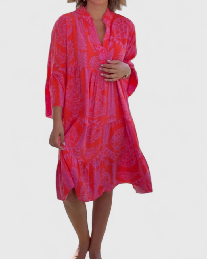 Boho floral and geometric print dress, side view
