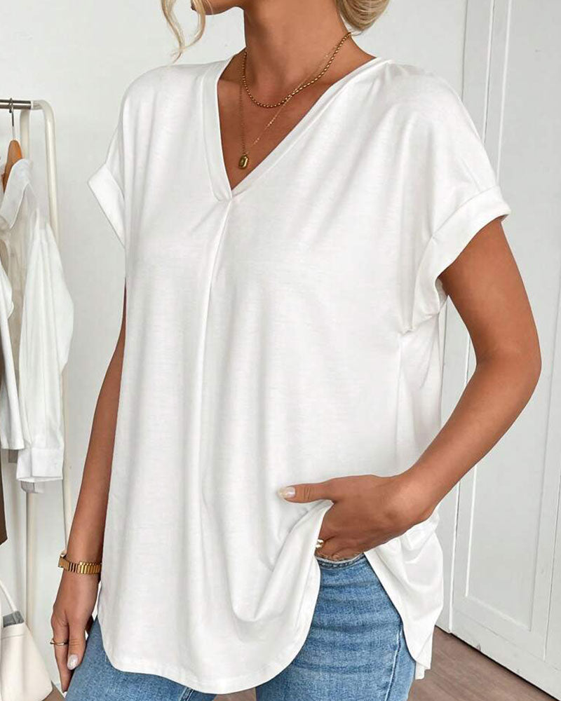 V-Neck Solid Colour Patchwork Short Sleeve T-Shirt