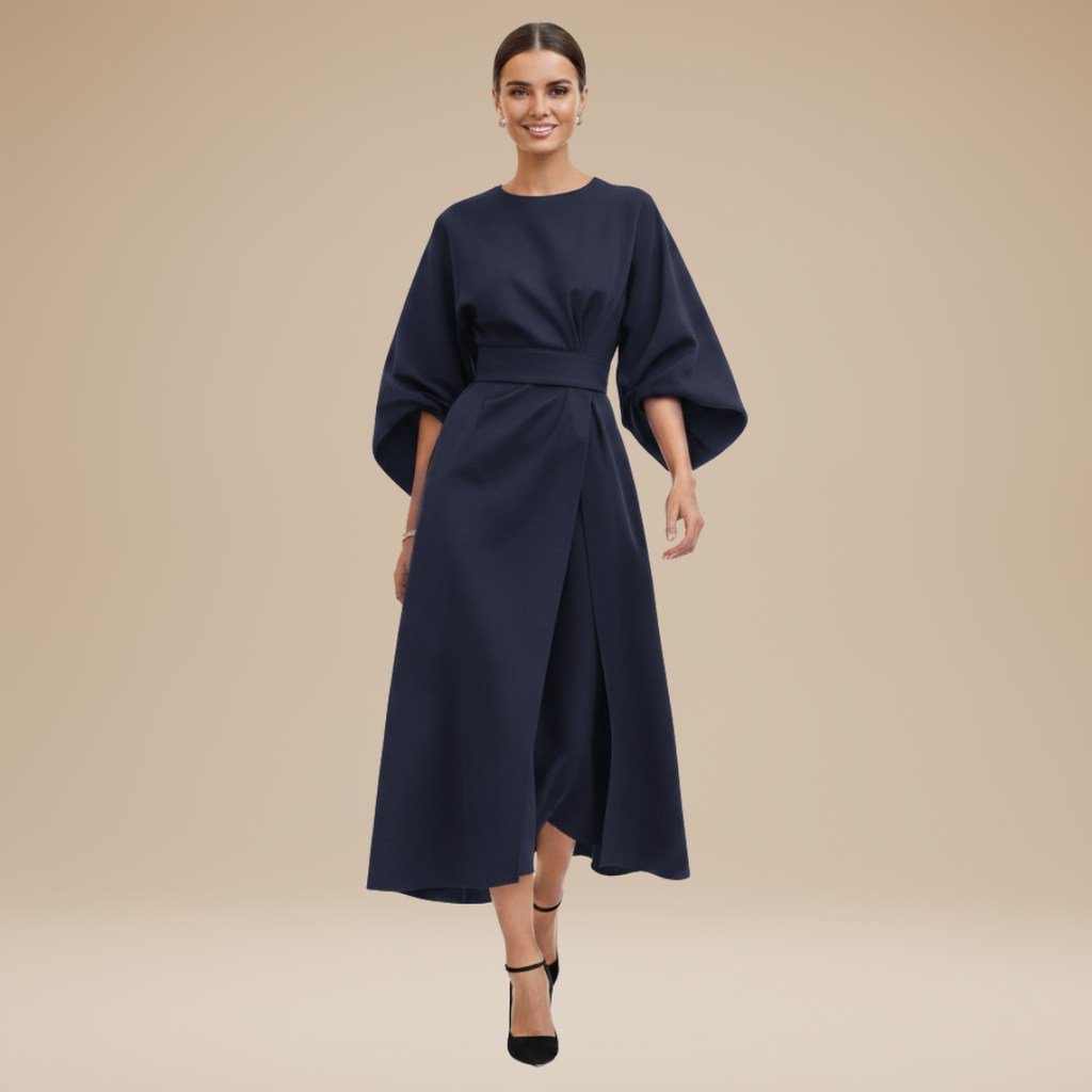 Belted wide sleeve wrap midi dress, back view