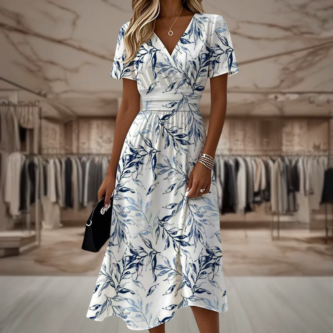 Floral wrap bodice draped dress in white and blue, flattering wrap silhouette front view