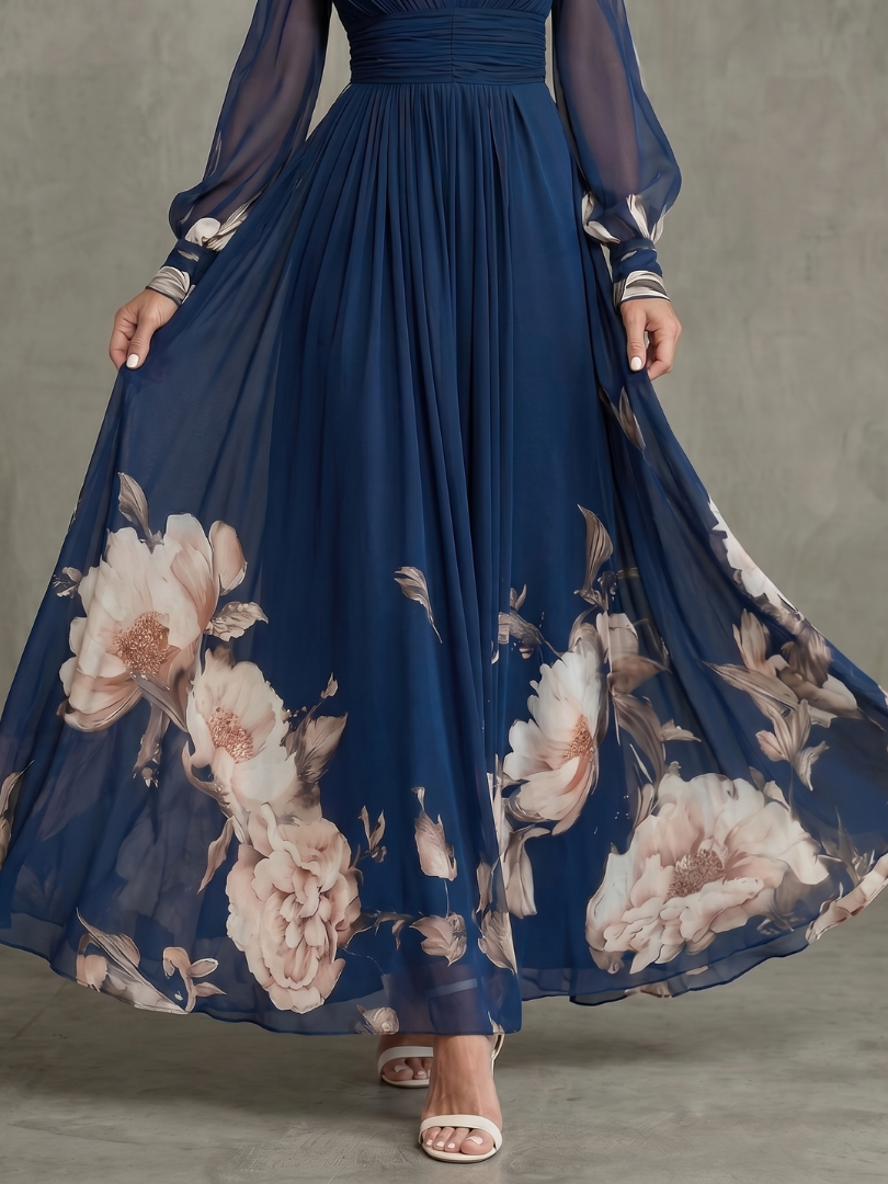Pleated sheer sleeves maxi dress in navy, back view