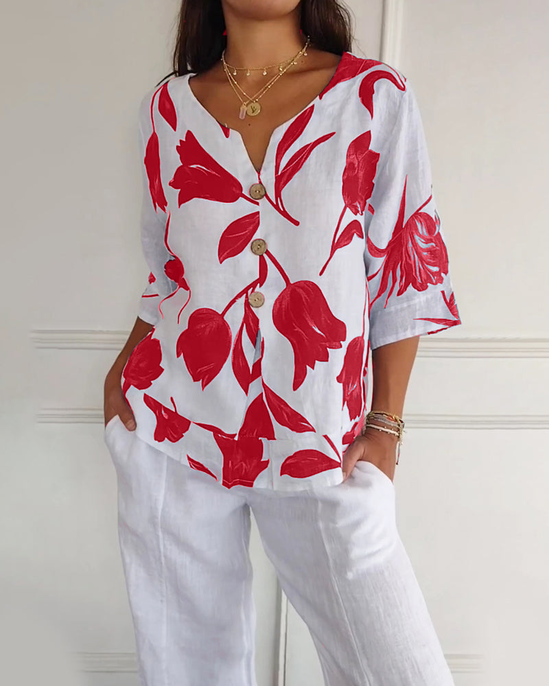 Floral Print Three Quarter Sleeve Cotton Linen Blouse