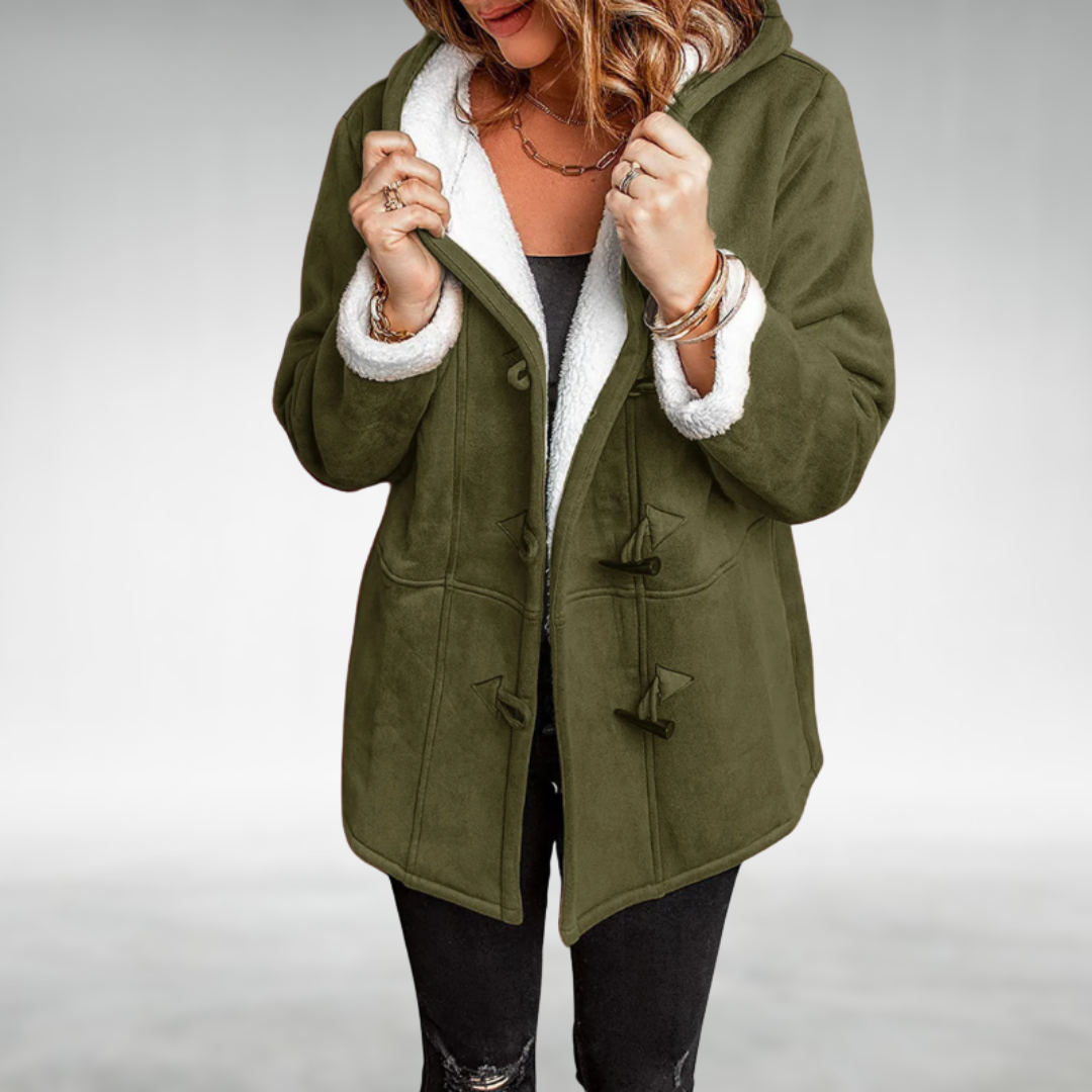 Fleece lined hooded toggle winter coat with a structured silhouette