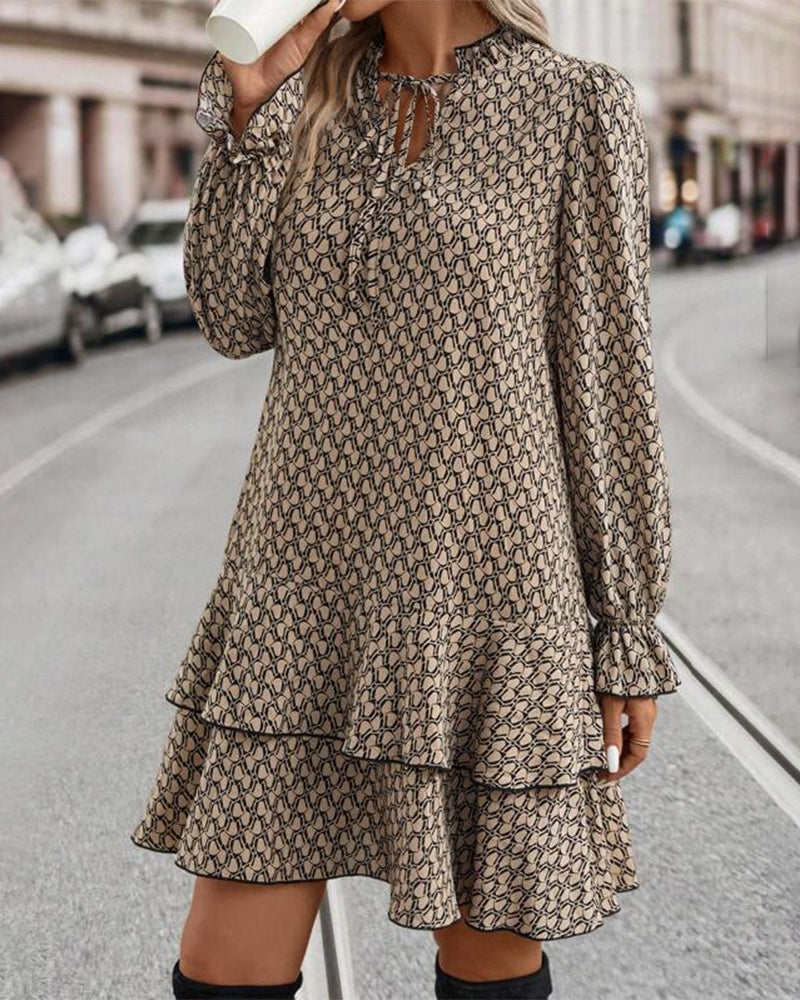 Print A-Line Dress Long Sleeve V-Neck | Alba Muse