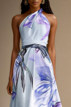 Women's lilac floral satin maxi dress – one shoulder belted wedding guest style