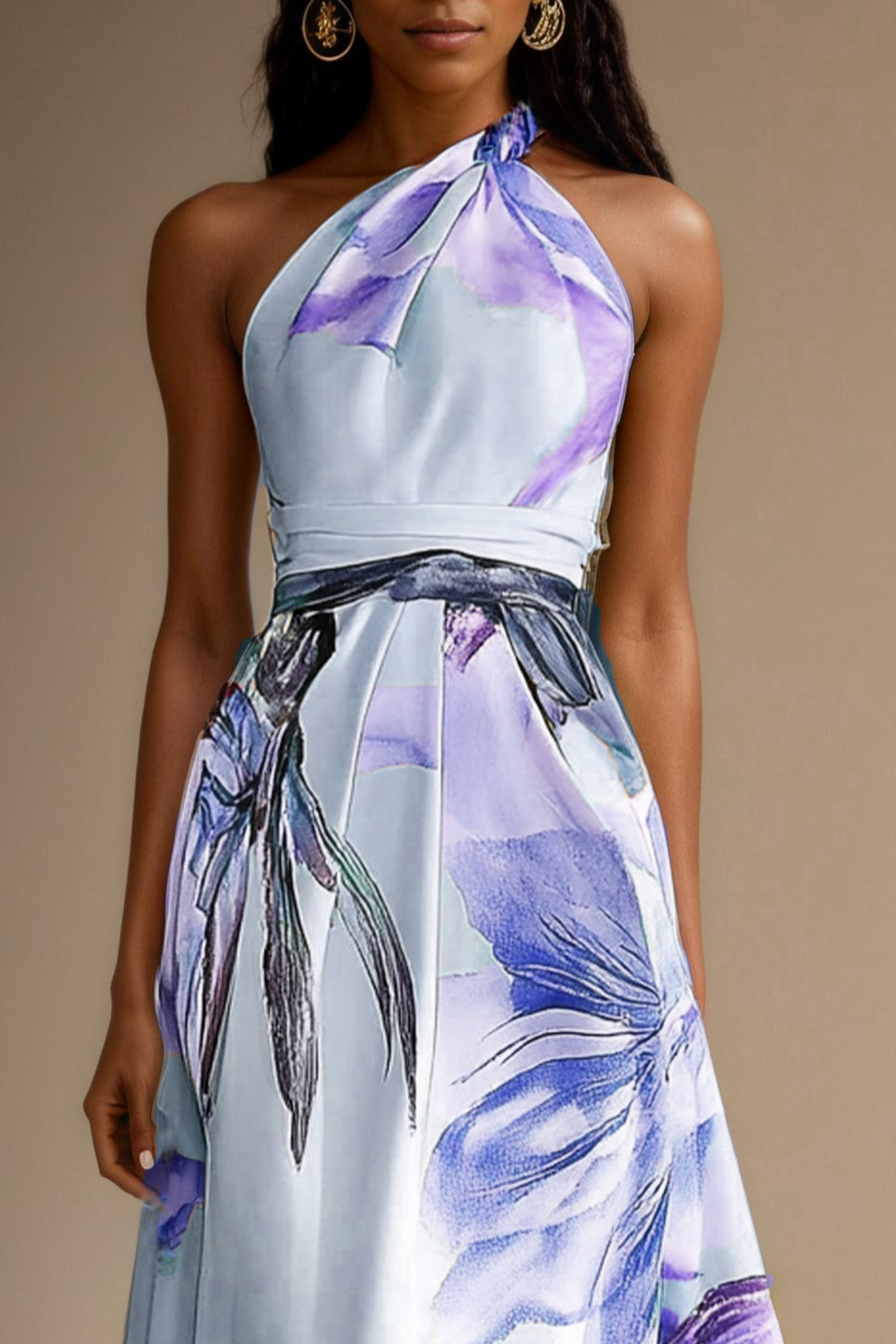 Women's lilac floral satin maxi dress – one shoulder belted wedding guest style