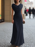 Black draped cowl neck maxi dress, elegant floor length