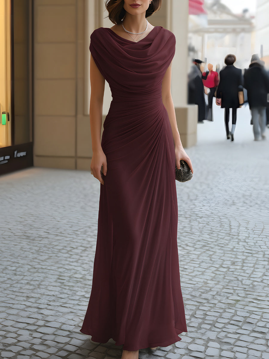 Cowl neck ruched maxi dress in burgundy, front view
