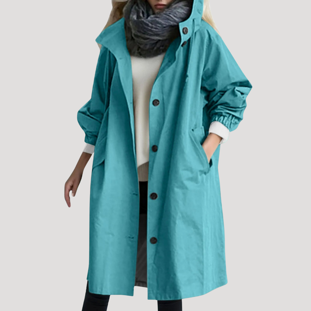 Relaxed hooded button front coat with a relaxed silhouette