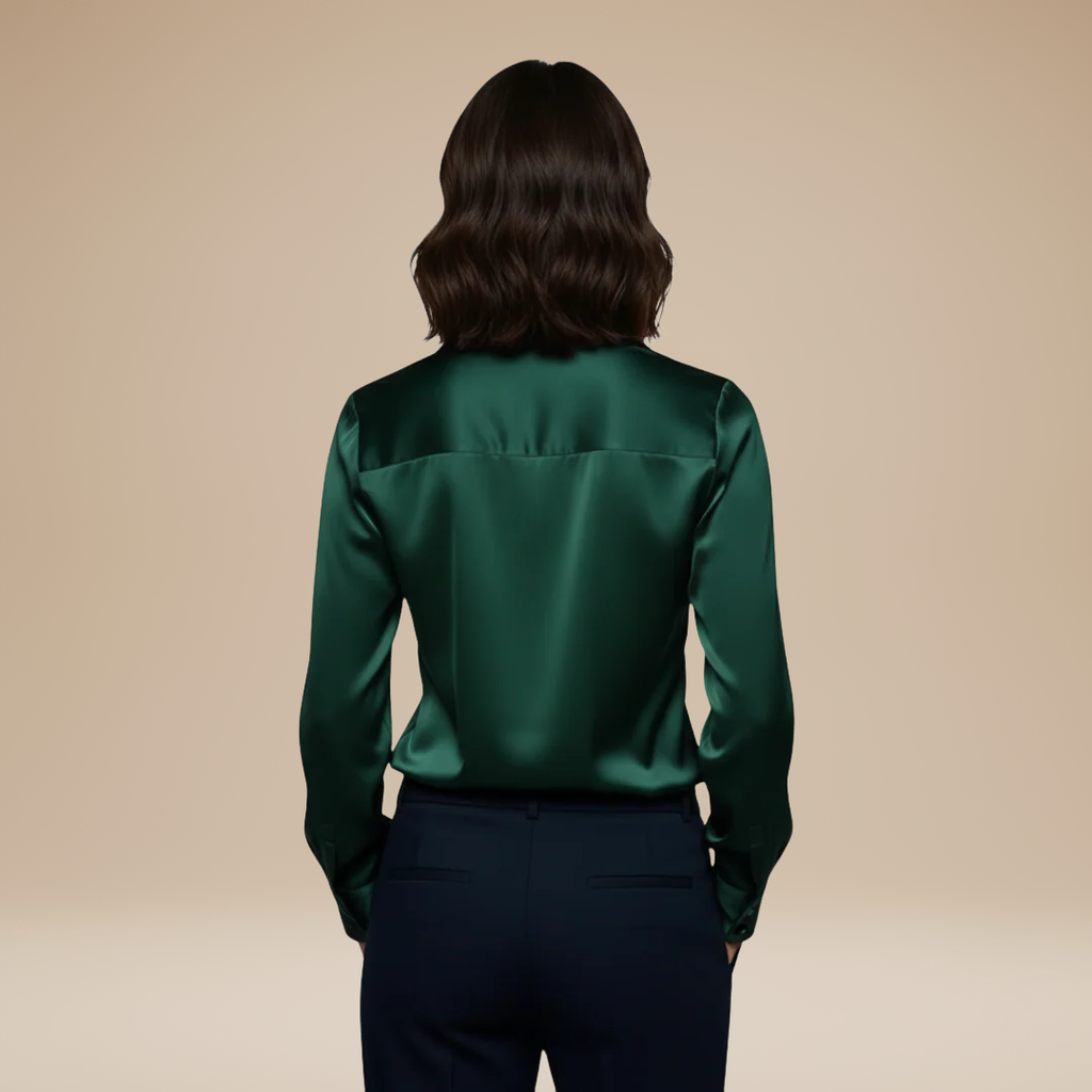 Satin V-neck blouse in green – back view