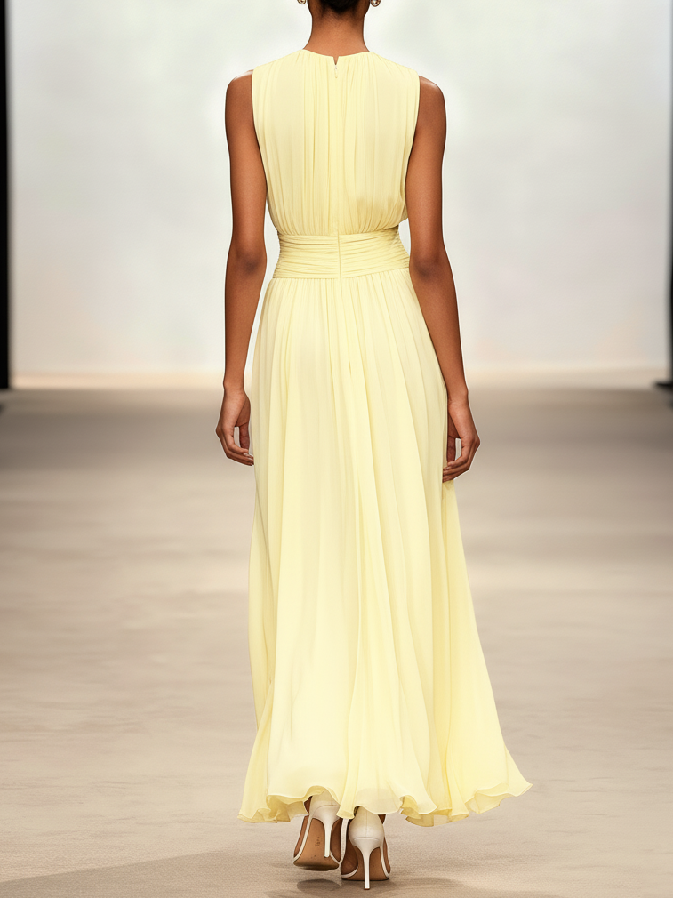 Women's chiffon A-line maxi dress in blush pink, front view