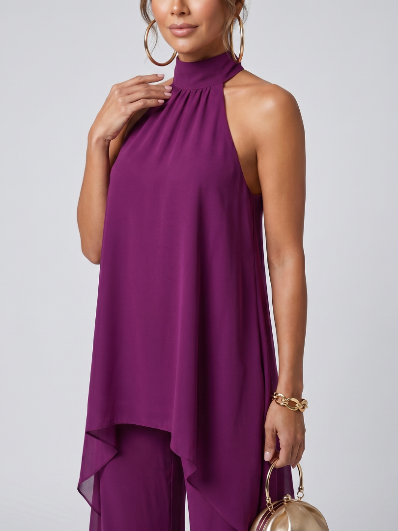 Asymmetric hem halter neck co-ord set, side view