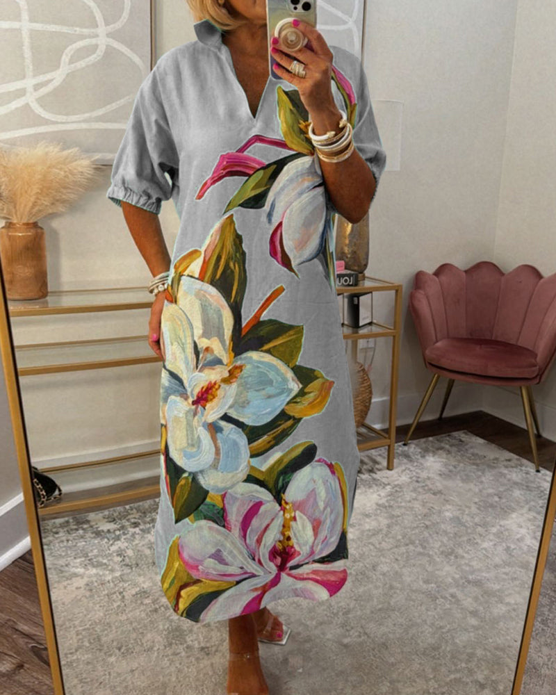 Floral Print Midi Dress Relaxed Fit Grey | Alba Muse