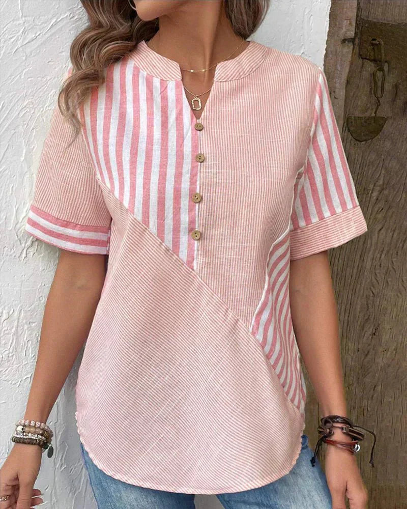 Blue stripe blouse side view, clean and refined silhouette | Alba Muse