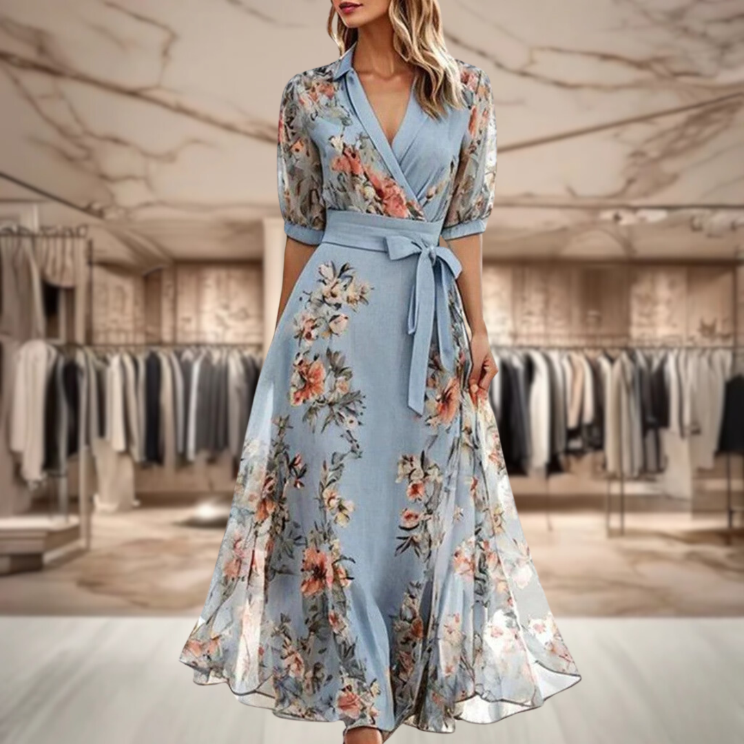 Women's elegant floral maxi dress showing flowing fabric and full-length silhouette, side view