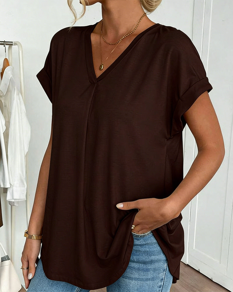 V-Neck Solid Colour Patchwork Short Sleeve T-Shirt