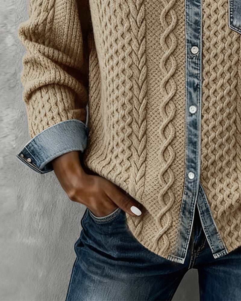 Khaki cable-knit long sleeve top, versatile pairing options | Alba Muse