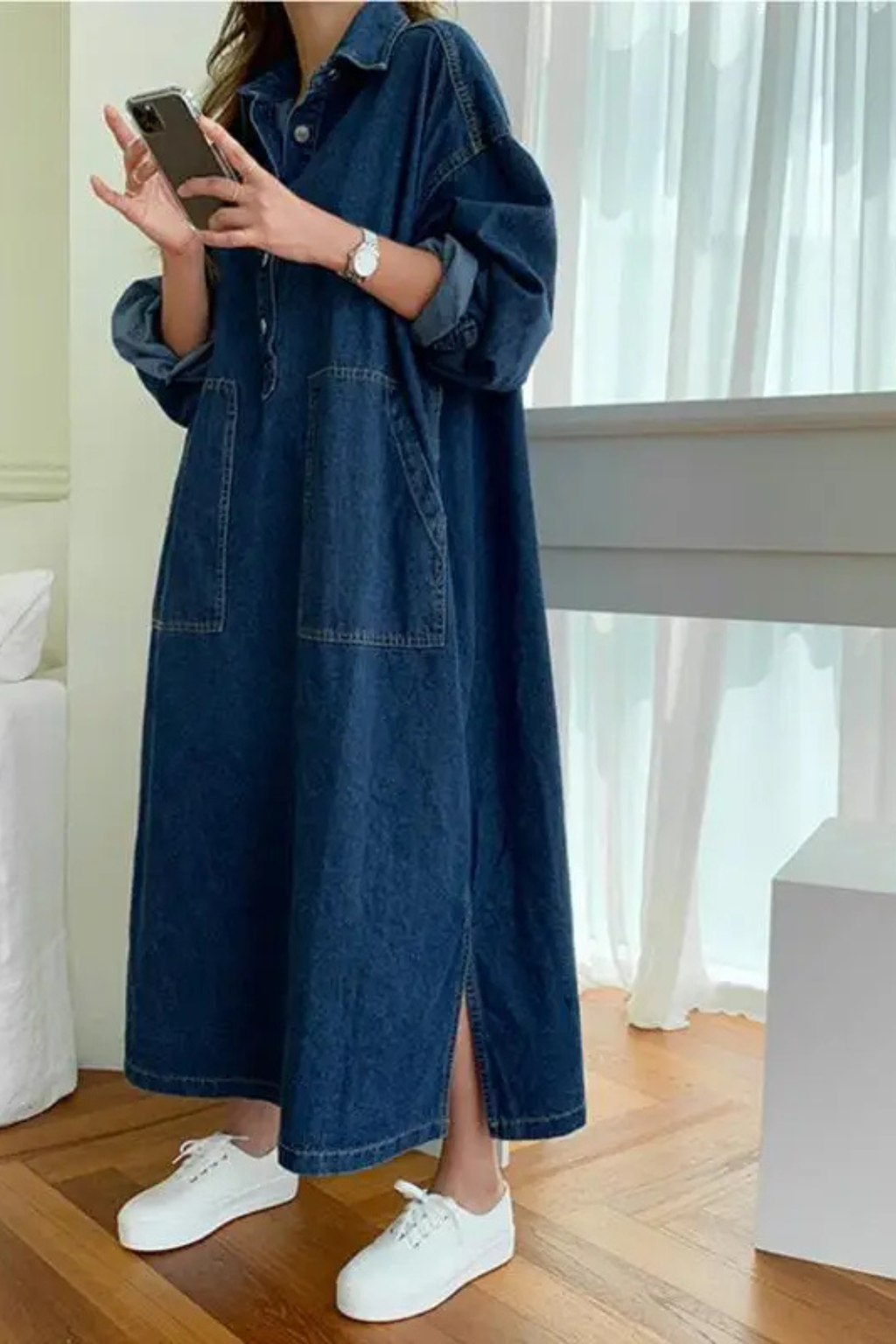 Women's casual collared denim maxi dress with patch pockets, side view