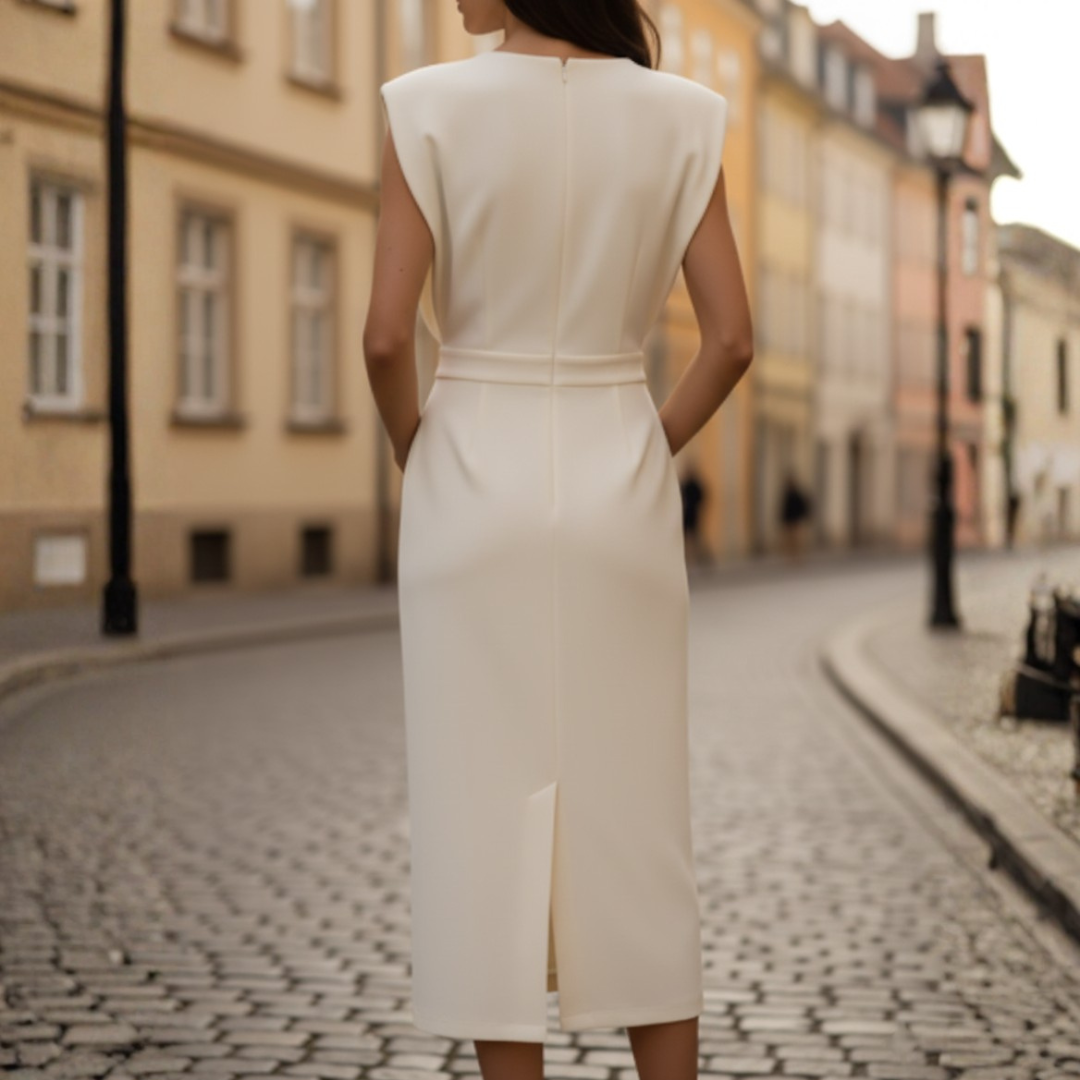 Sleeveless midi dress with side buttons, side profile view