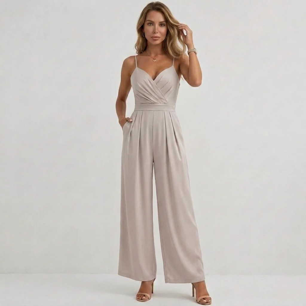 Women's flowing wide leg pleated jumpsuit in alternate colour, front view