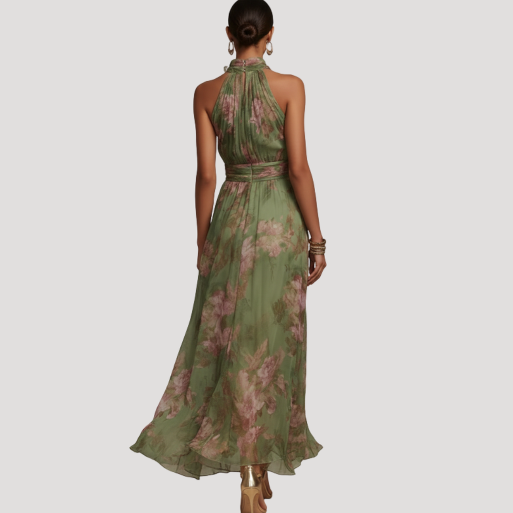 Wedding guest floral maxi dress with gathered halter neck, side view