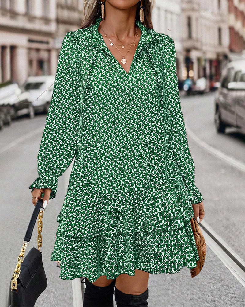 Long Sleeve V-Neck A-Line Print Dress Casual | Alba Muse