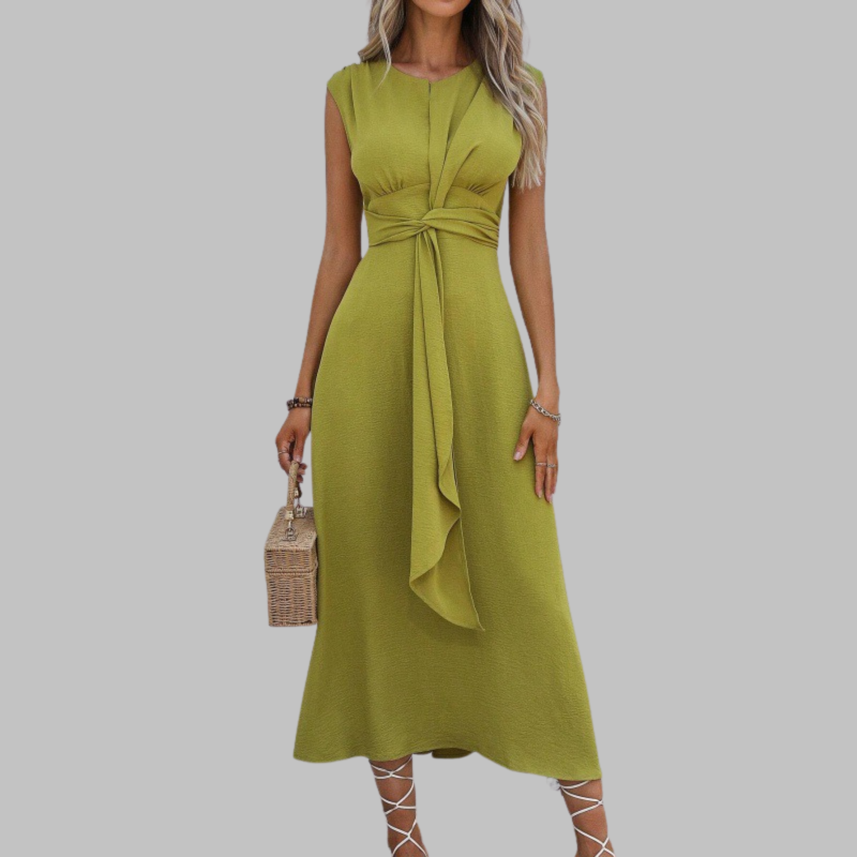 Belted A-line midi dress showing structured silhouette, side view
