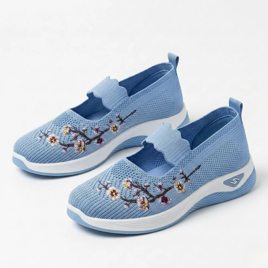 Women's slip-on knit trainers with non-slip tread, back view