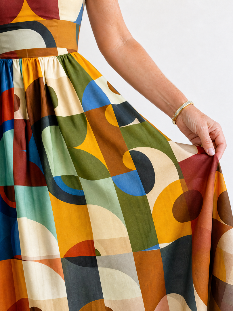 Geometric pattern midi dress front view | Alba Muse